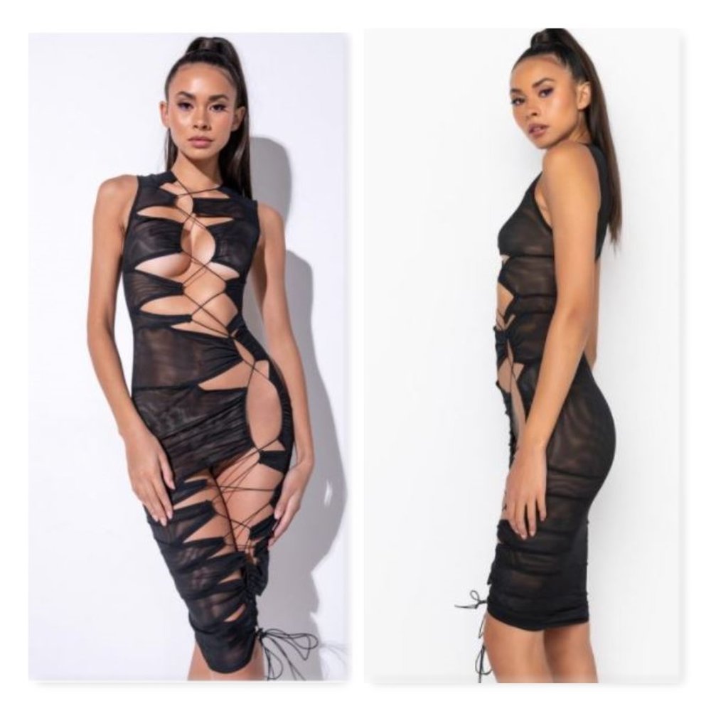 Lace Up Mesh Midi Dress